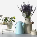 Decorative Beige Vase With Purple Lavender Flowers Light Blue Kettle And Small Potted Yellow Flower