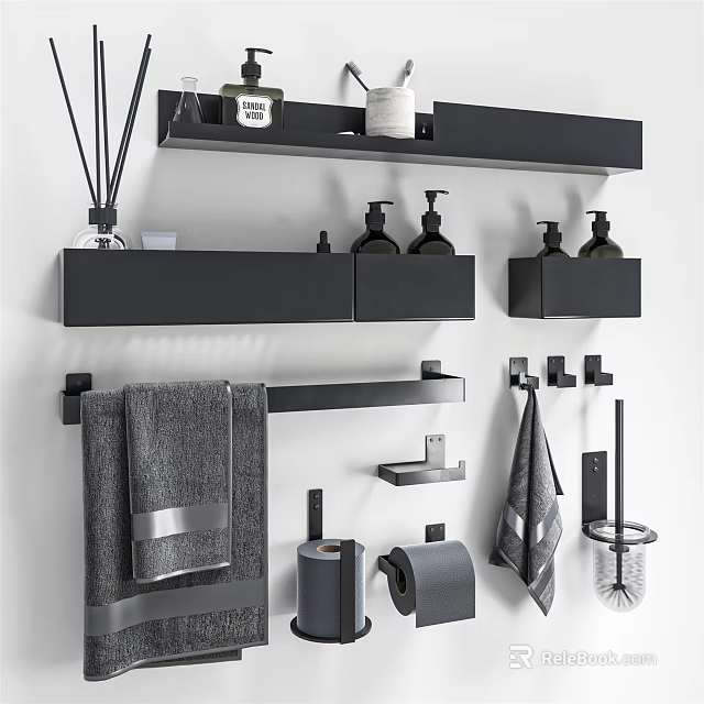 Modern Bathroom Accessories With Black Shelves Towel Racks Hooks Toilet Brush Holders 3d model 