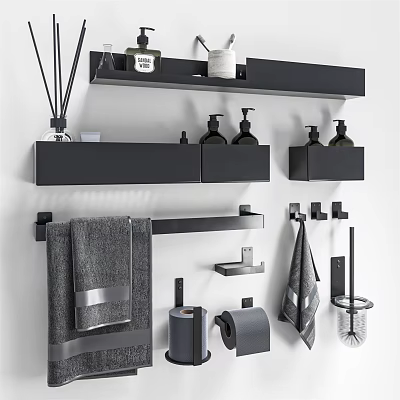 Modern Bathroom Accessories With Black Shelves Towel Racks Hooks Toilet Brush Holders 3d model