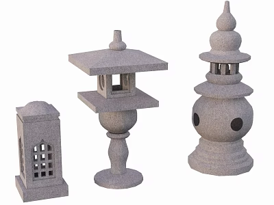 Traditional Stone Lantern Landscape Sculptures With Ornate Structures And Hollow Patterns 3d model