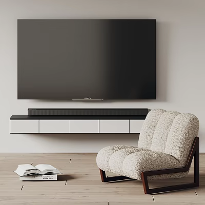 Large Flat Screen TV in Modern Living Room With Cabinet And Chair 3d model