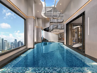Modern Indoor Swimming Pool With Large Windows And City View 3d model