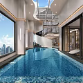 Modern Indoor Swimming Pool With Large Windows And City View 3d model