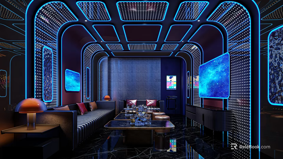 Modern KTV Room Interior With Blue Lighting Large Screen And Comfortable Sofa 3d model