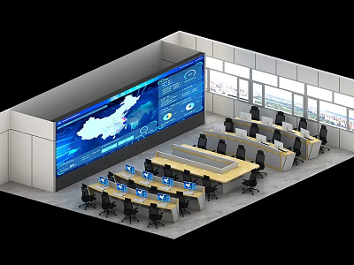 Modern Control Room With Large Display Screen Showing Map Data And Workstations 3d model