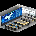 Modern Control Room With Large Display Screen Showing Map Data And Workstations 3d model