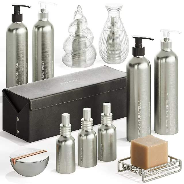 Daily Washing Essentials Silver Bottles Soap Dispensers and Storage Box 3d model 
