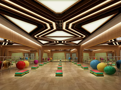 Modern Fitness Studio With Colorful Exercise Balls Yoga Mats And Wooden Flooring 3d model