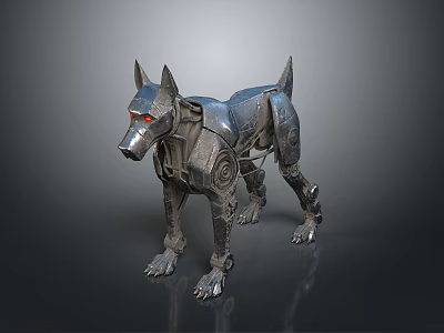 Futuristic Metallic Mechanical Dog With Red Eyes And Intricate Structure 3d model