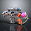 Futuristic Mechanical Gun Structure With Silver Frame Pink Brain Component Orange Accents And Coiled Cable 3d model