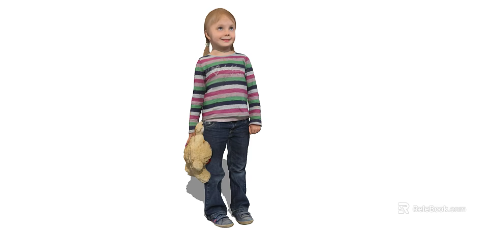 Little Girl With Braided Hair Wearing Striped Long Sleeve Shirt And Jeans Holding Teddy Bear 3d model 