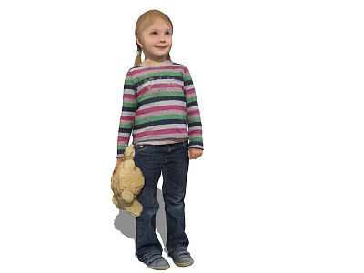 Little Girl With Braided Hair Wearing Striped Long Sleeve Shirt And Jeans Holding Teddy Bear 3d model