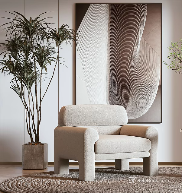 Cozy Modern Armchair With Tall Green Plant And Abstract Wall Art In Living Room 3d model 
