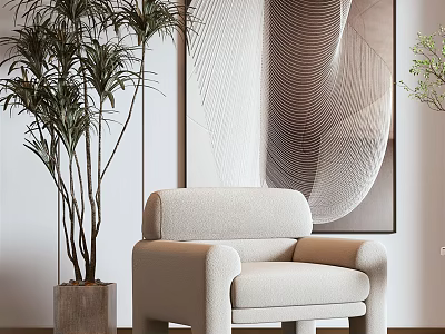 Cozy Modern Armchair With Tall Green Plant And Abstract Wall Art In Living Room 3d model