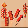 Traditional Chinese New Year Decorations with Red Fu Characters Firecrackers Candles and Fireworks