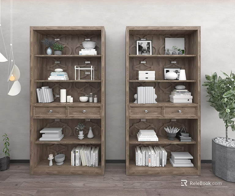 Wooden Bookcase With Multi Layered Shelves Books Photo Frames And Decorative Items 3d model 