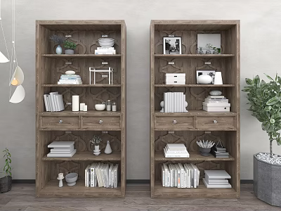Wooden Bookcase With Multi Layered Shelves Books Photo Frames And Decorative Items 3d model