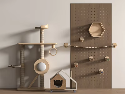 Modern Wooden Cat Tree With Pegboard Wall Hexagonal Shelves Hanging Rings And Cat House 3d model