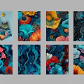 Collection of Vibrant Abstract Paintings With Floral Patterns Bold Colors And Organic Shapes