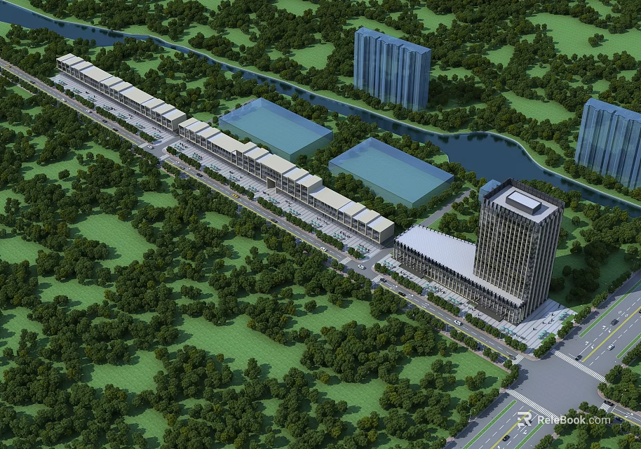 Scenic Commercial Street With Lush Greenery River And High Rise Buildings 3d model 