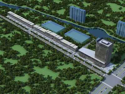 Scenic Commercial Street With Lush Greenery River And High Rise Buildings 3d model