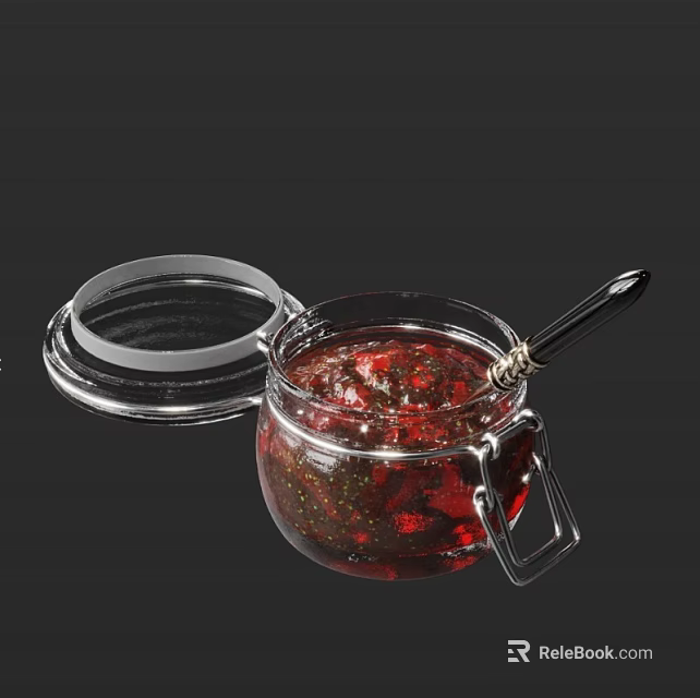 Delicious Red Fruit Jam In Glass Jar With Open Lid And Metal Spoon 3d model 