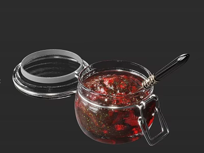 Delicious Red Fruit Jam In Glass Jar With Open Lid And Metal Spoon 3d model