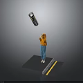 3D Character in Orange Hoodie on Black Platform with Yellow Gray Stripes and Floating Object