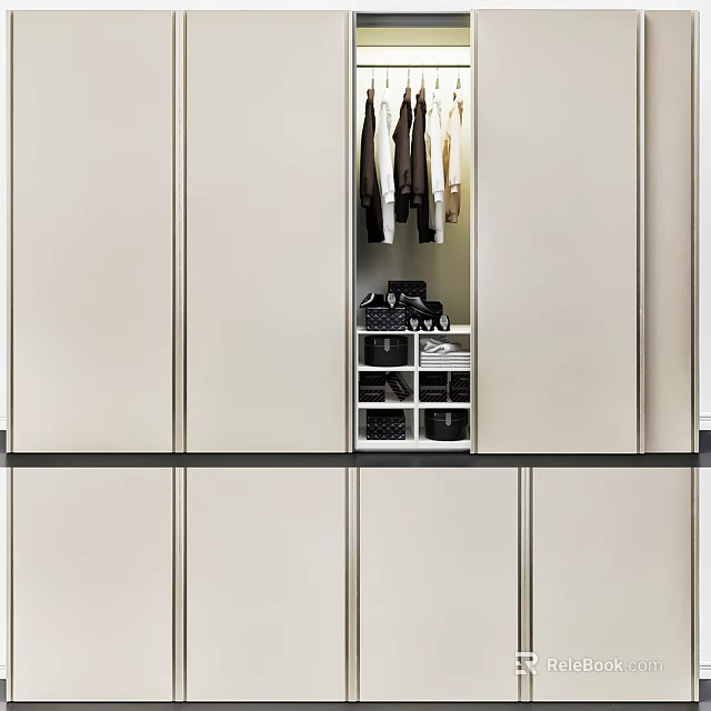 Modern Wardrobe Interior Design With Light Colored Panels Hanging Clothes And Storage Compartments 3d model 