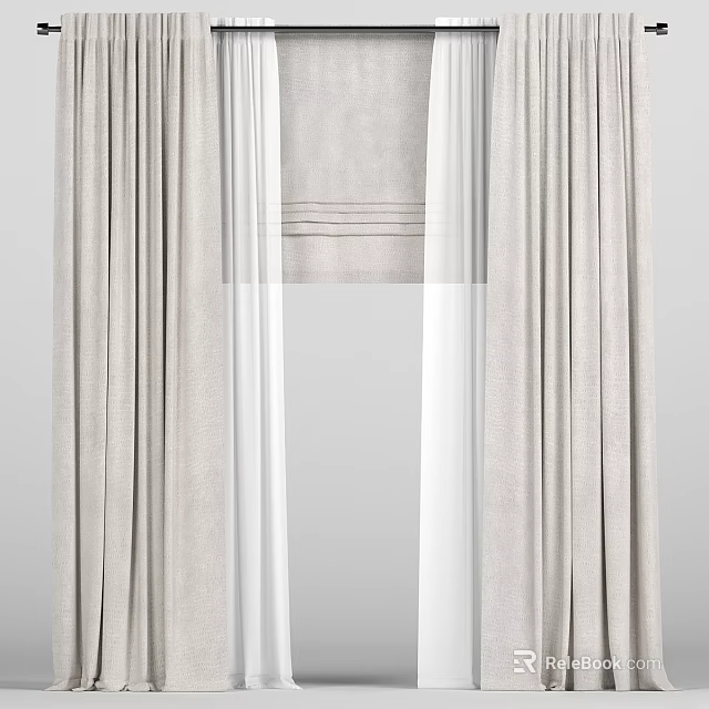 Light Gray Linen Curtains With Sheer Layer For Modern Window Decoration 3d model