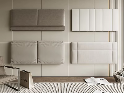 Elegant Upholstered Wall Panels With Leather Fabric Neutral Tones And Striped Rug 3d model