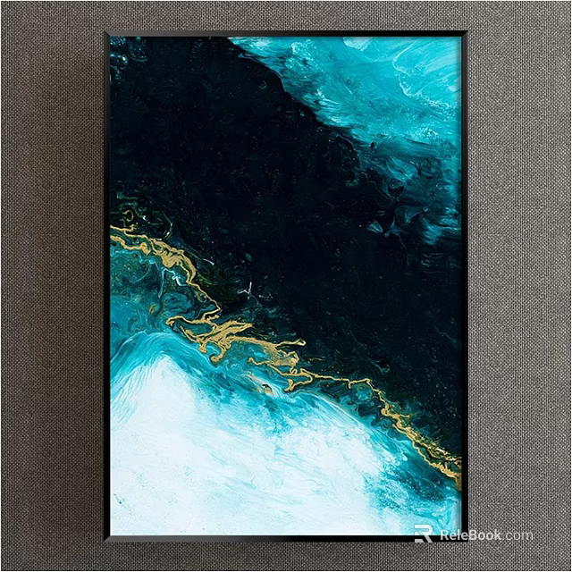 Abstract Painting With Dark Blue Teal Gold And White Fluid Dynamic Texture 3d model 
