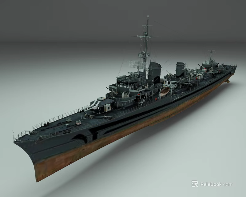 Detailed 3D Warship Model With Superstructure Mast Deck Equipment And Brown Rust On Hull 3d model 