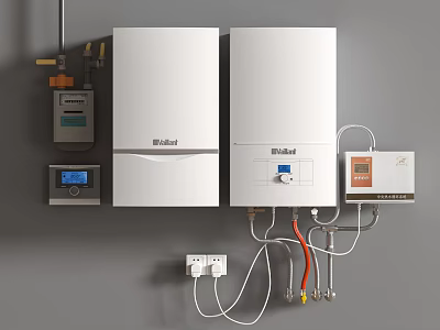 Vaillant White Boilers Installed On Grey Wall With Control Panels Pipes And Power Socket 3d model