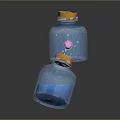 Household Transparent Bottles with Orange Caps Blue Liquid and Pink Suspended Decoration