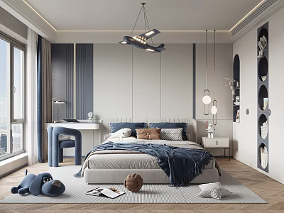 Modern Kids Room Interior With Bed Desk Toys Chandelier And Soft Rug 3d model