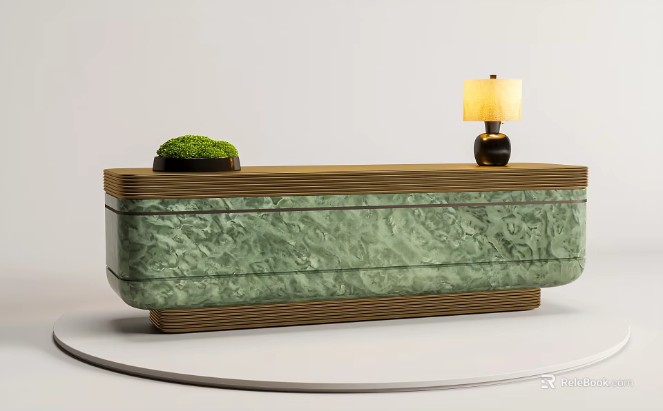 Elegant Green Marble Reception Desk With Golden Frame Table Lamp And Small Potted Plant 3d model 