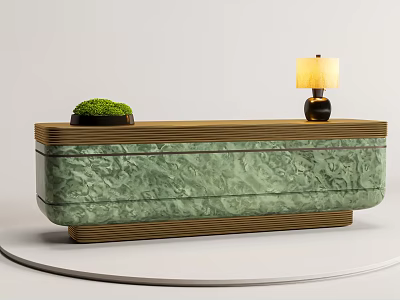Elegant Green Marble Reception Desk With Golden Frame Table Lamp And Small Potted Plant 3d model