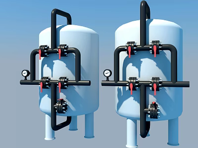 Industrial Equipment Featuring White Cylindrical Tanks Black Pipes Red Valves And Pressure Gauges 3d model