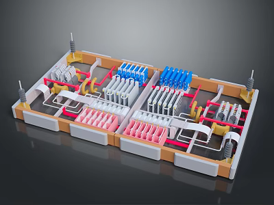 Detailed Industrial Mechanical Structure with Colorful Components and Connecting Lines 3d model