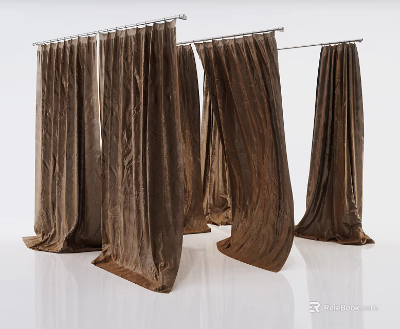 Elegant Brown Velvet Curtains Hanging On Rod With Smooth Drapery Texture 3d model 