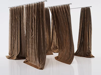 Elegant Brown Velvet Curtains Hanging On Rod With Smooth Drapery Texture 3d model