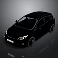 Black Sporty Hatchback With Sleek Design And Headlights On Dark Reflective Background