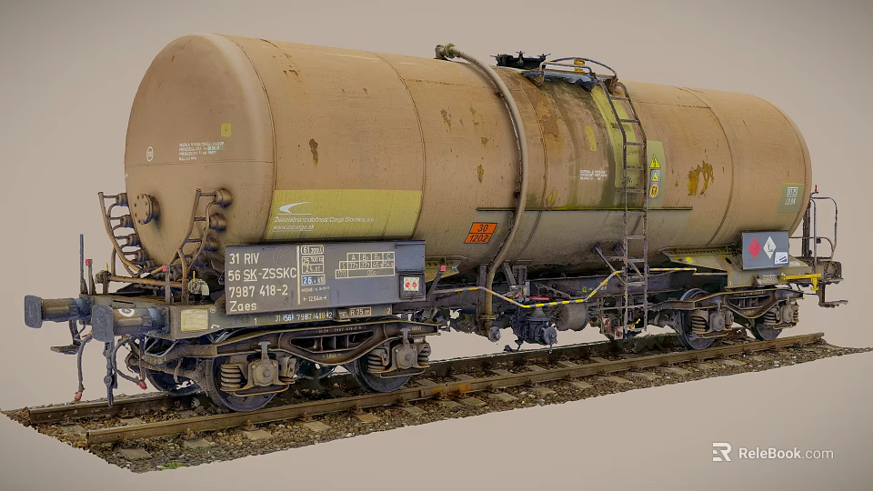 Old Rusty Industrial Railway Tank Car with Ladder and Valves on Tracks 3d model 