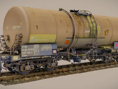 Old Rusty Industrial Railway Tank Car with Ladder and Valves on Tracks 3d model