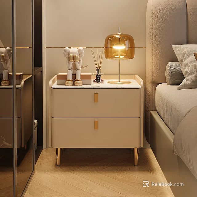 Beige Bedside Table with Two Drawers Gold Handles Amber Lamp Decorative Figurine and Aromatherapy Sticks 3d model 