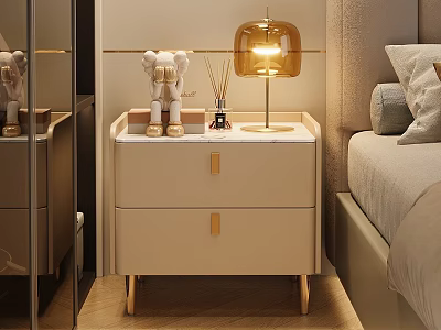 Beige Bedside Table with Two Drawers Gold Handles Amber Lamp Decorative Figurine and Aromatherapy Sticks 3d model