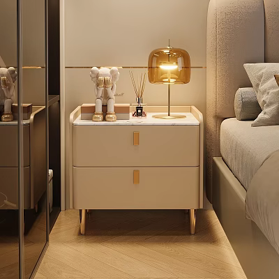 Beige Bedside Table with Two Drawers Gold Handles Amber Lamp Decorative Figurine and Aromatherapy Sticks 3d model
