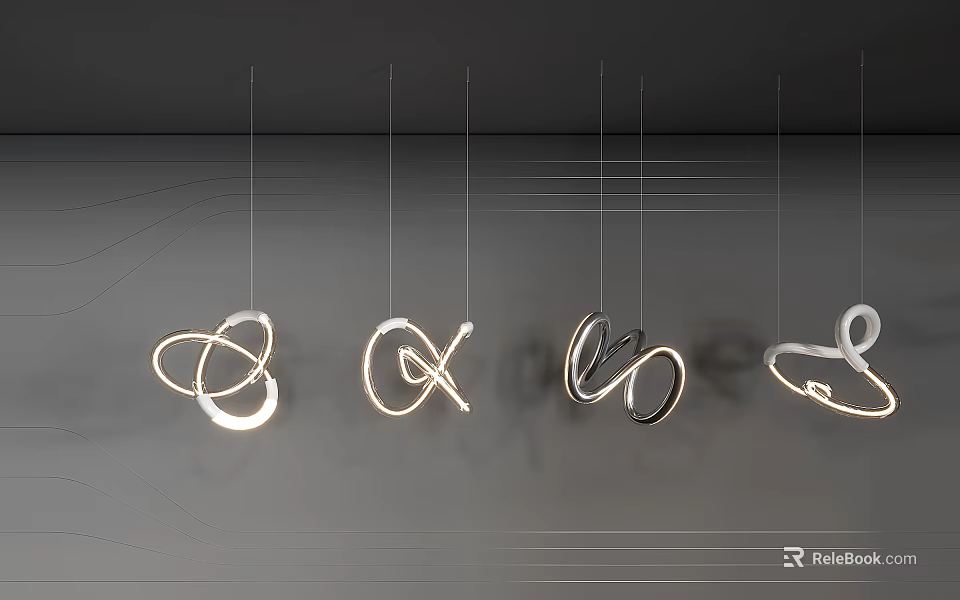 Set of Modern Geometric Circular Chandeliers with Warm Metallic Pendant Lights 3d model 