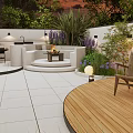Courtyard Garden With White Tiled Flooring Wooden Deck Wicker Chairs Potted Plants And Ambient Lighting